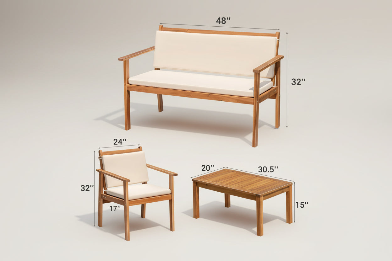 Wooden outdoor furniture set with dimensions on a white background