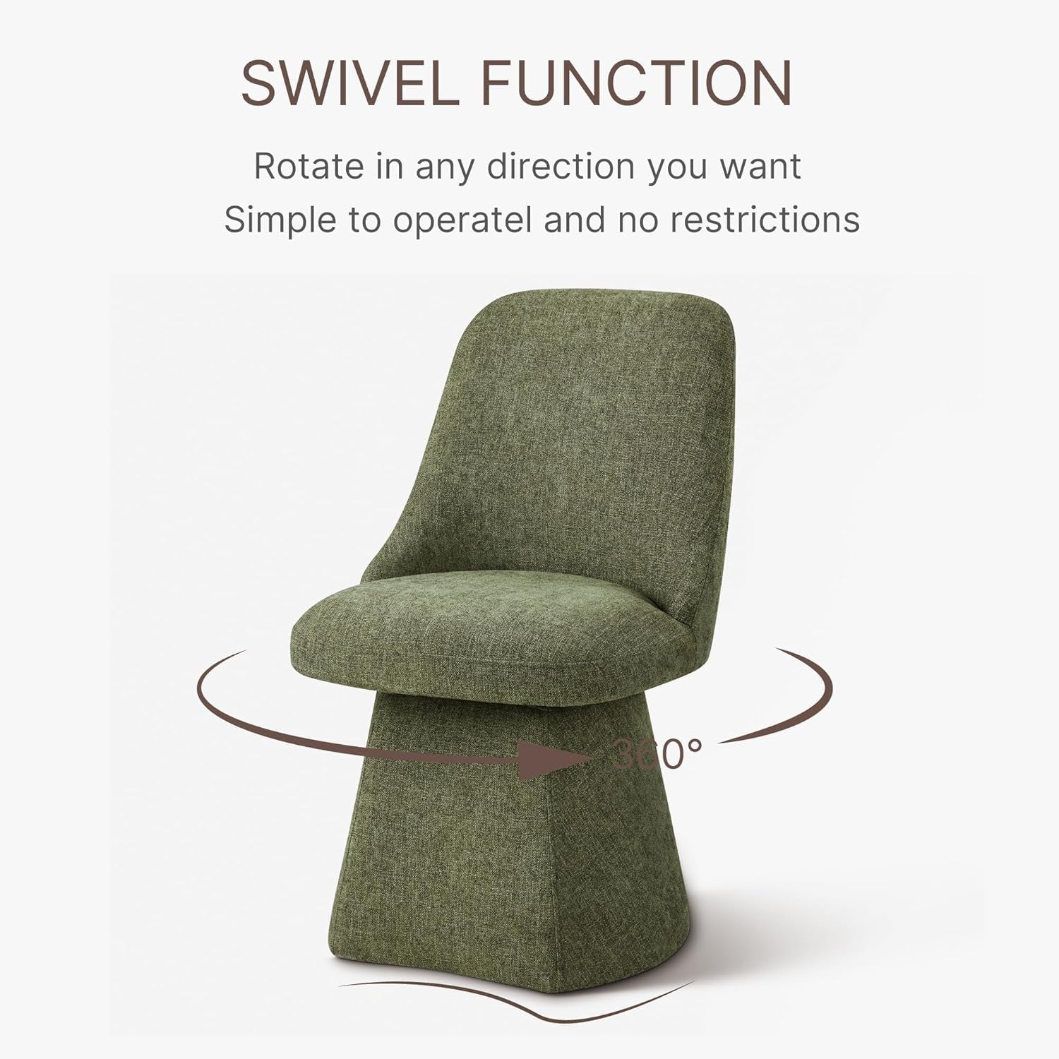 Green swivel chair with text explaining its swivel function on a white background