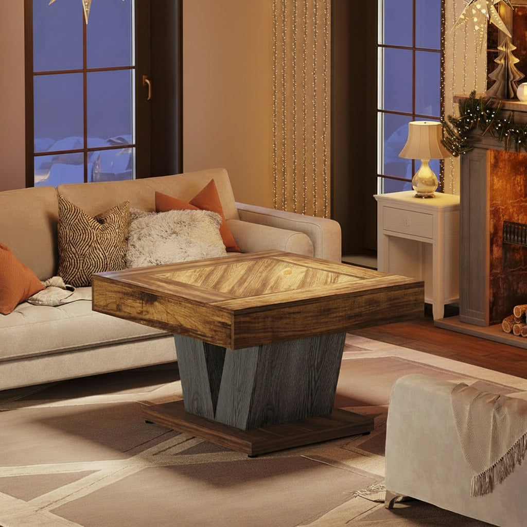 Living room with a Christmas tree, wooden coffee table, and festive decor.