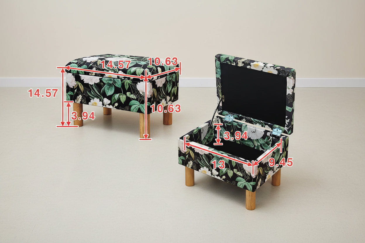 Dimensions of a floral-patterned step stool with measurements in inches.