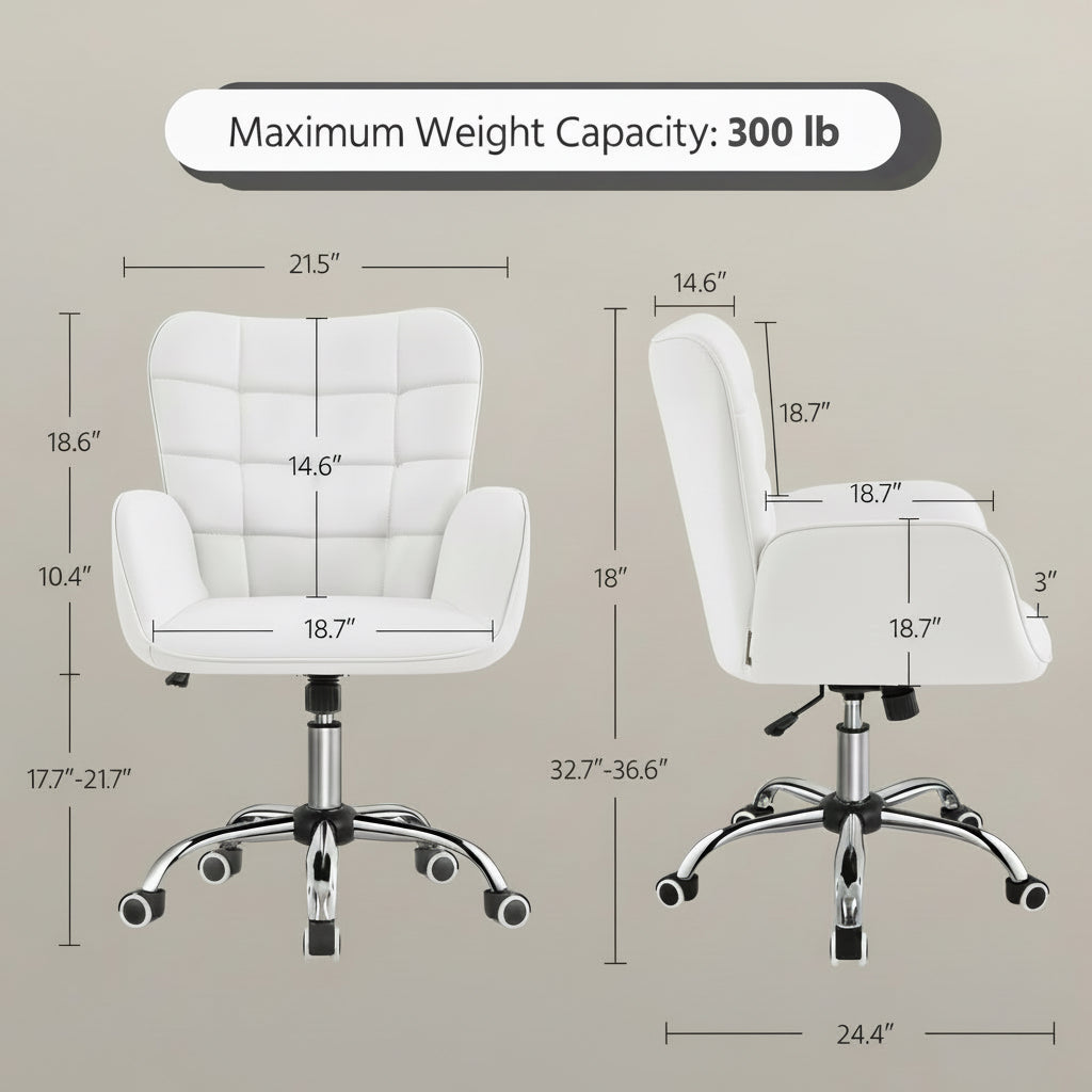 White office chair with dimensions and maximum weight capacity on a green background