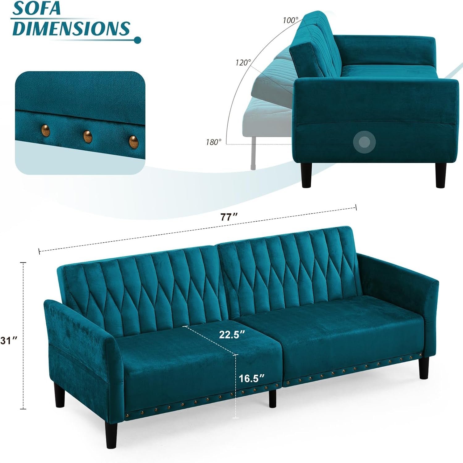 Teal sofa with dimensions displayed on a white background