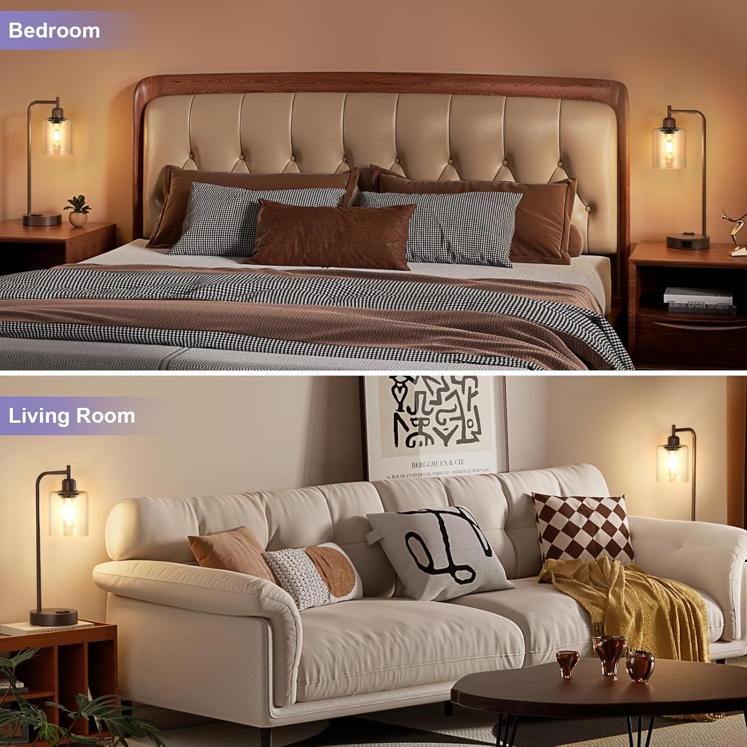 Top: Bedroom with a bed and headboard, Bottom: Living Room with a sofa and decor.