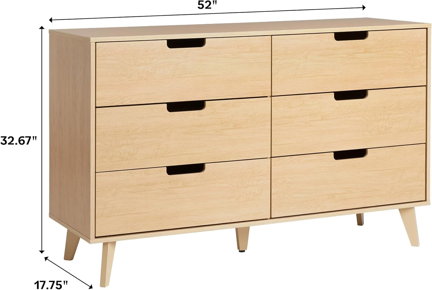 Mid-Century Modern 6-Drawer Dresser, 52 Inch Width