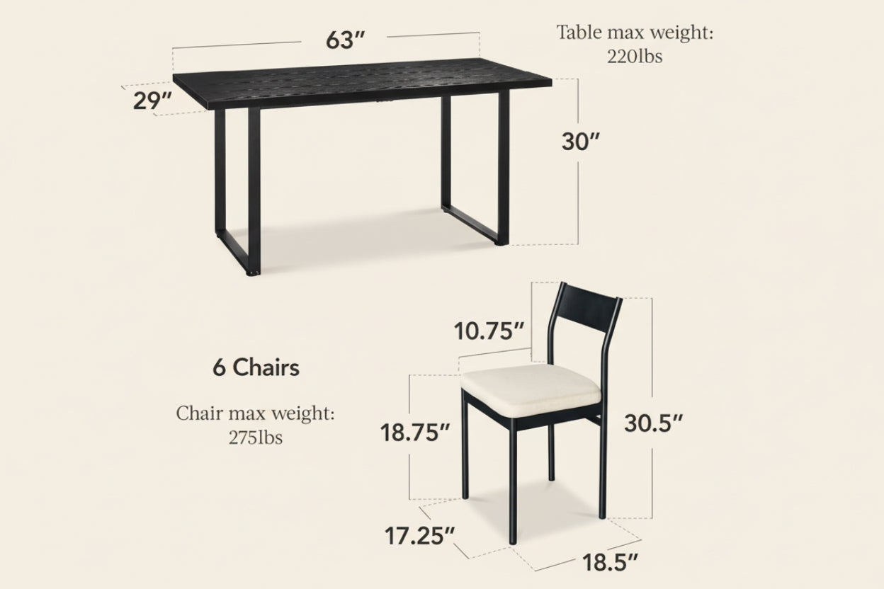Dining table and chairs with dimensions on a white background