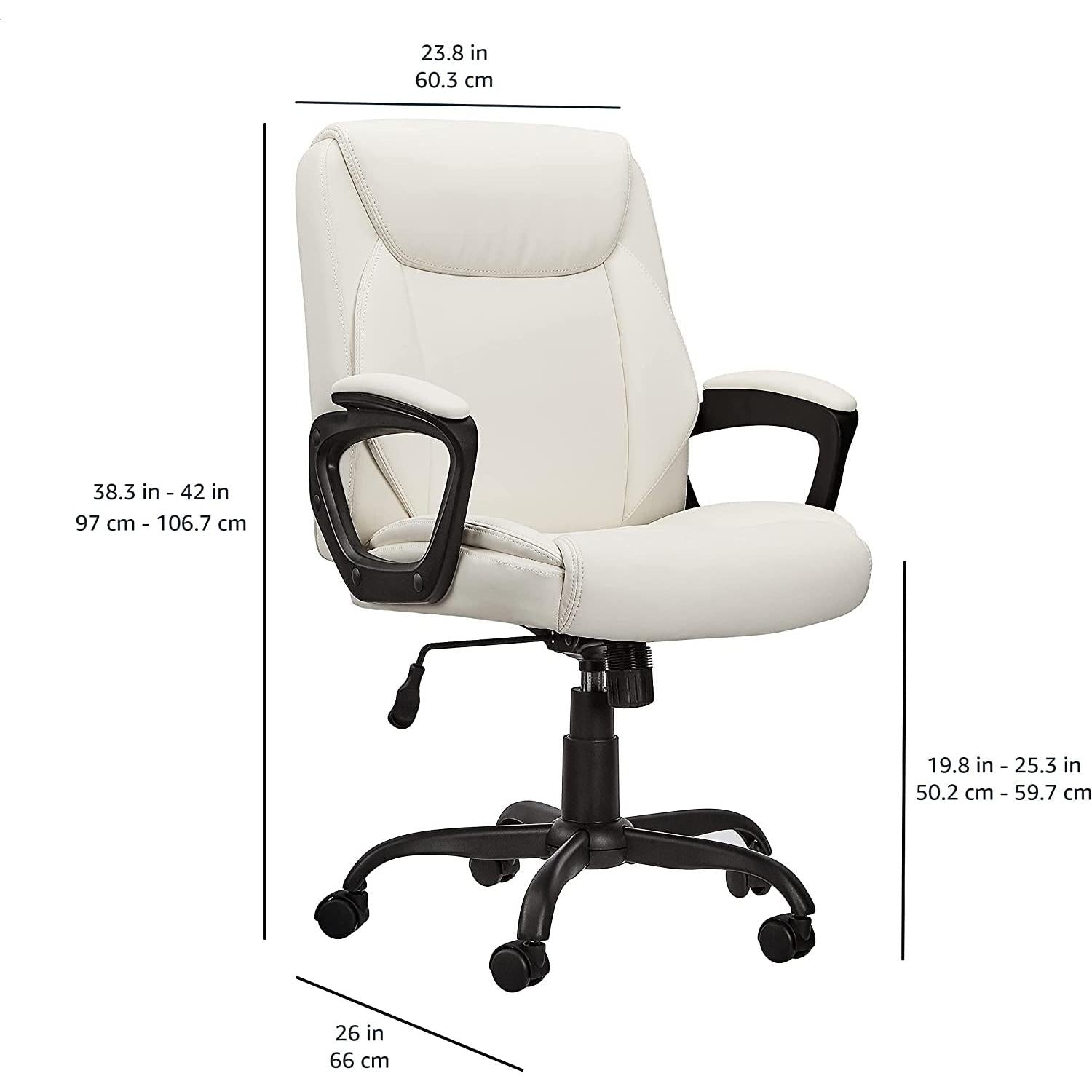 White office chair with dimensions labeled on a white background