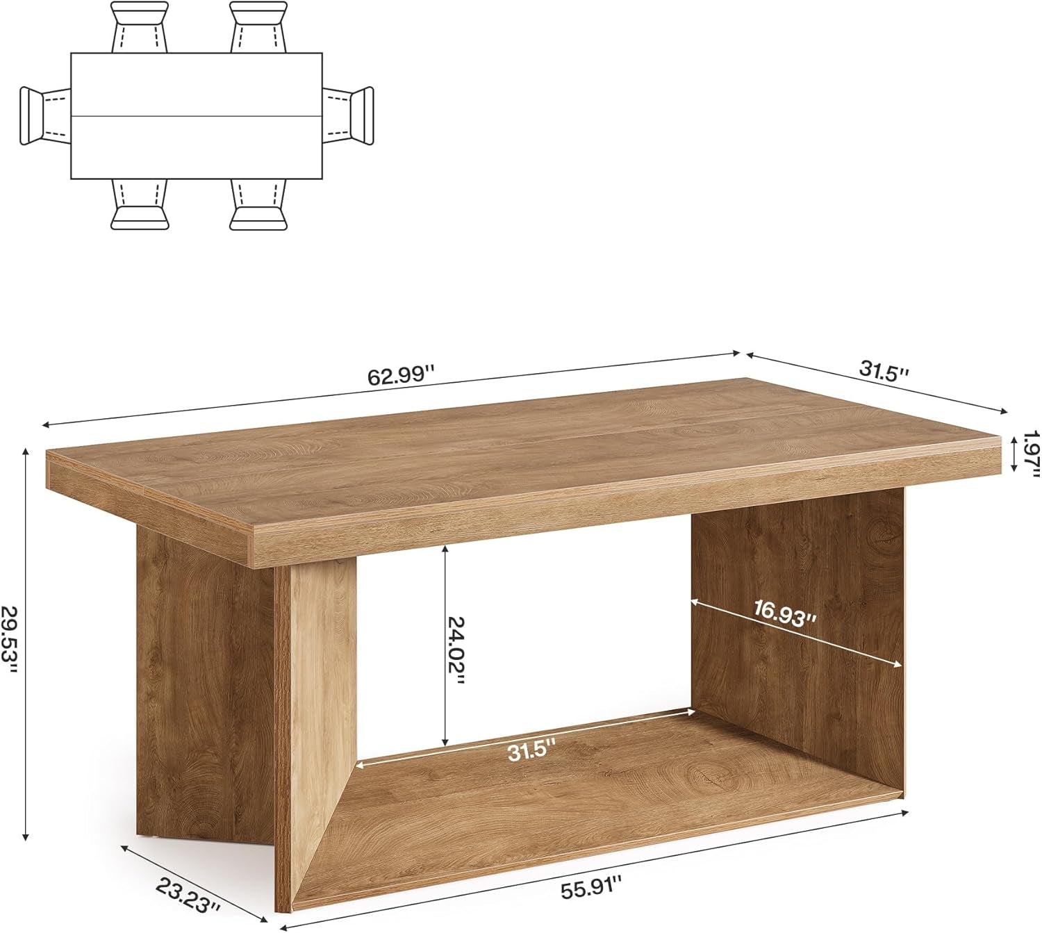 Wooden table with dimensions labeled on a white background