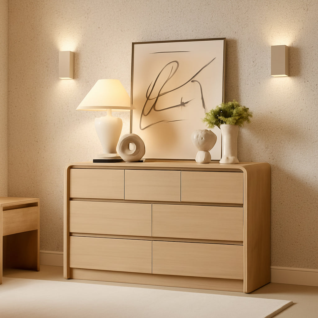 Wooden dresser with decorative items against a peach-colored wall