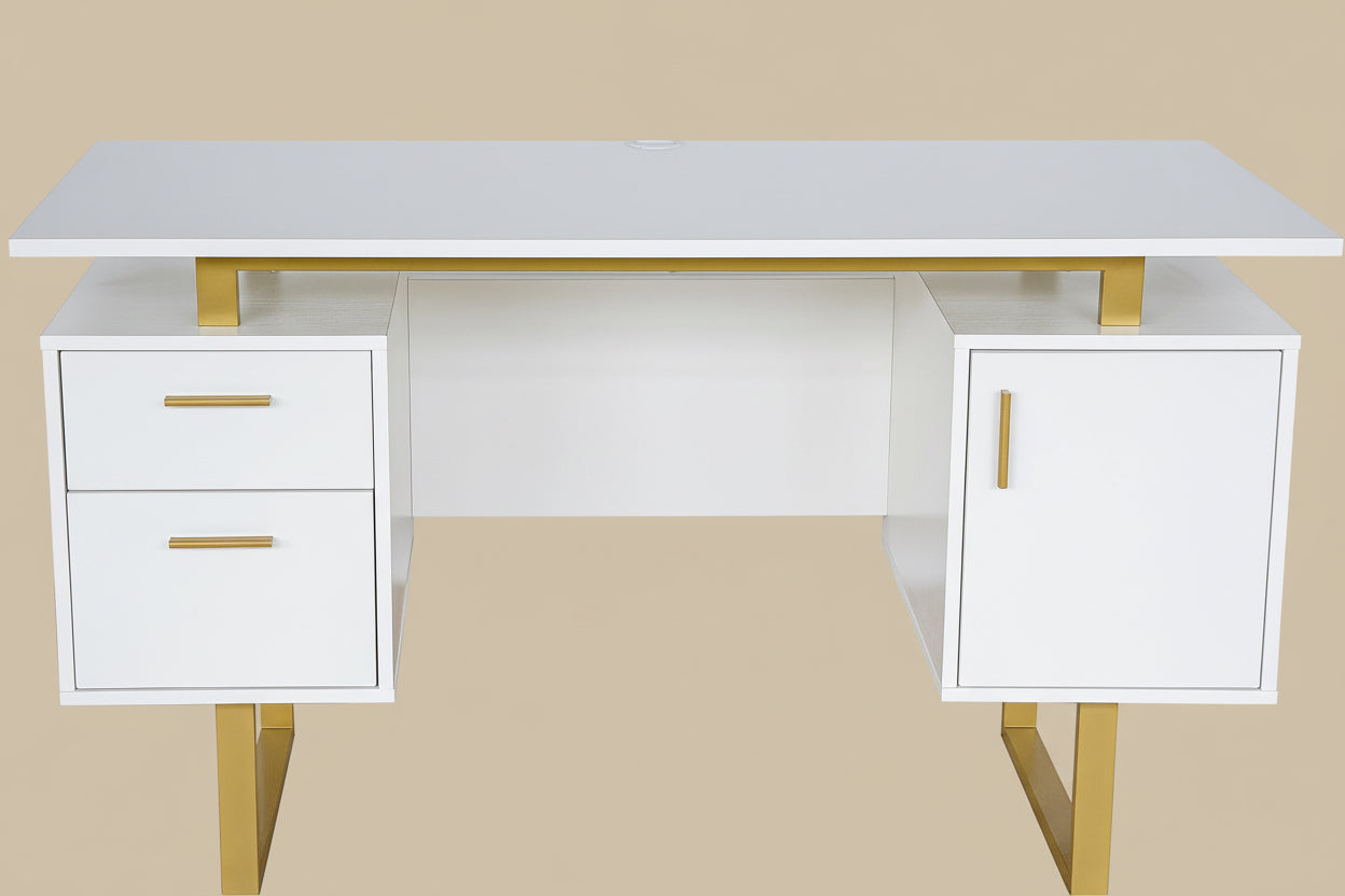 White desk with gold legs and handles on a white background
