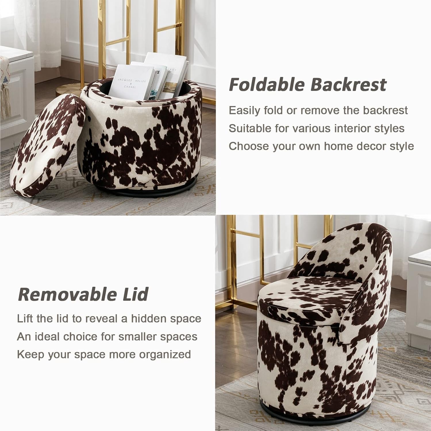Cow print storage ottoman with foldable backrest and removable lid in a home setting.