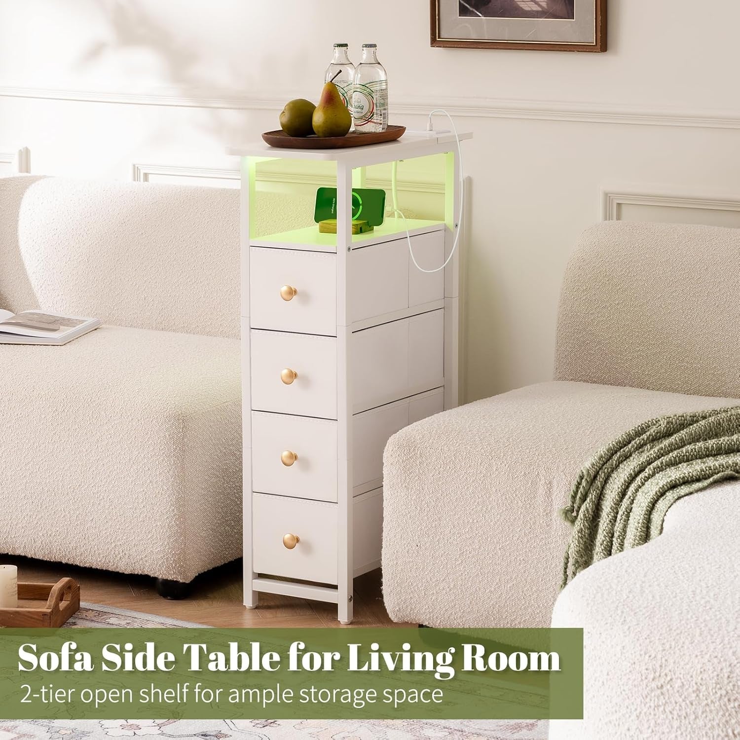 White sofa side table with two drawers and an open shelf in a living room setting.