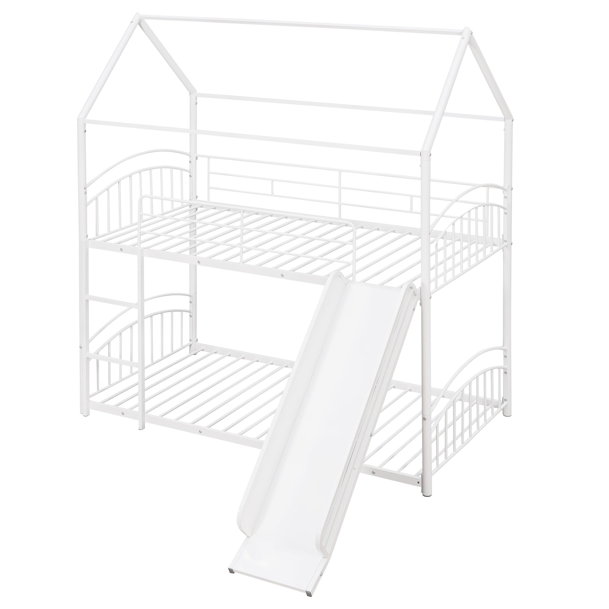 Twin Over Twin Metal Bunk Bed With Slide, Kids House Bed