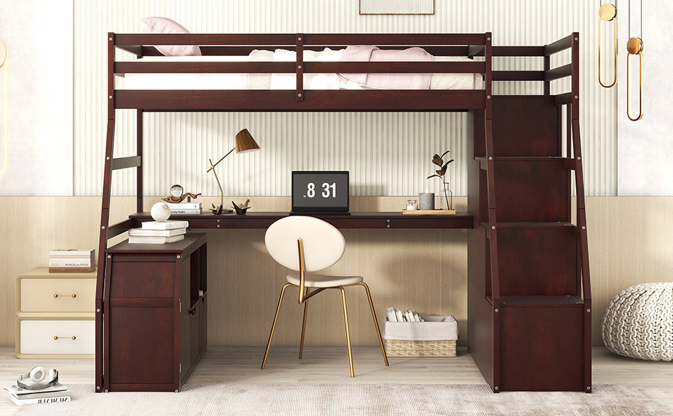 Twin Size Loft Bed with 7 Drawers 2 Shelves and Desk