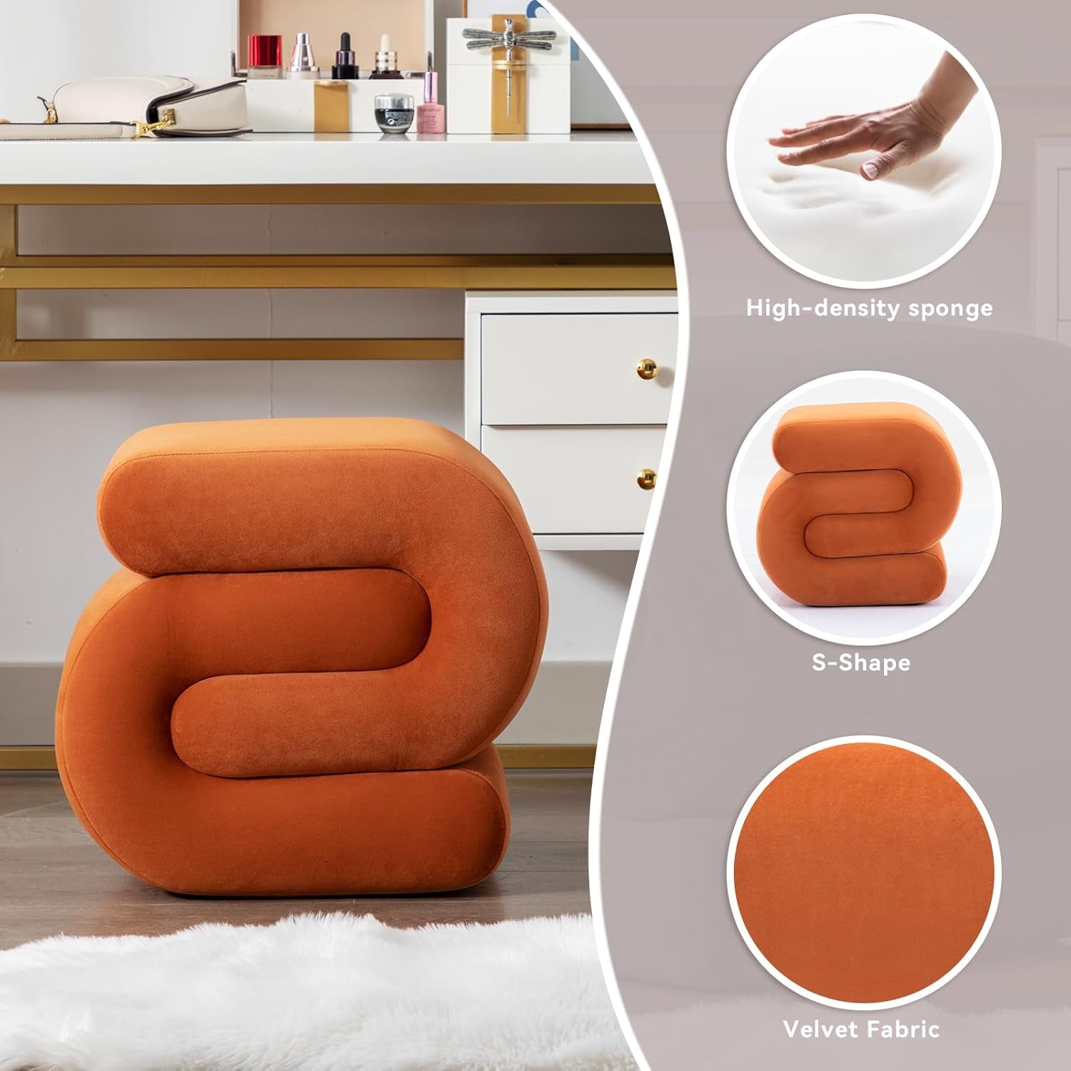 Hardy Haus Orange Contemporary Premium S-Shape Ottoman Footstool