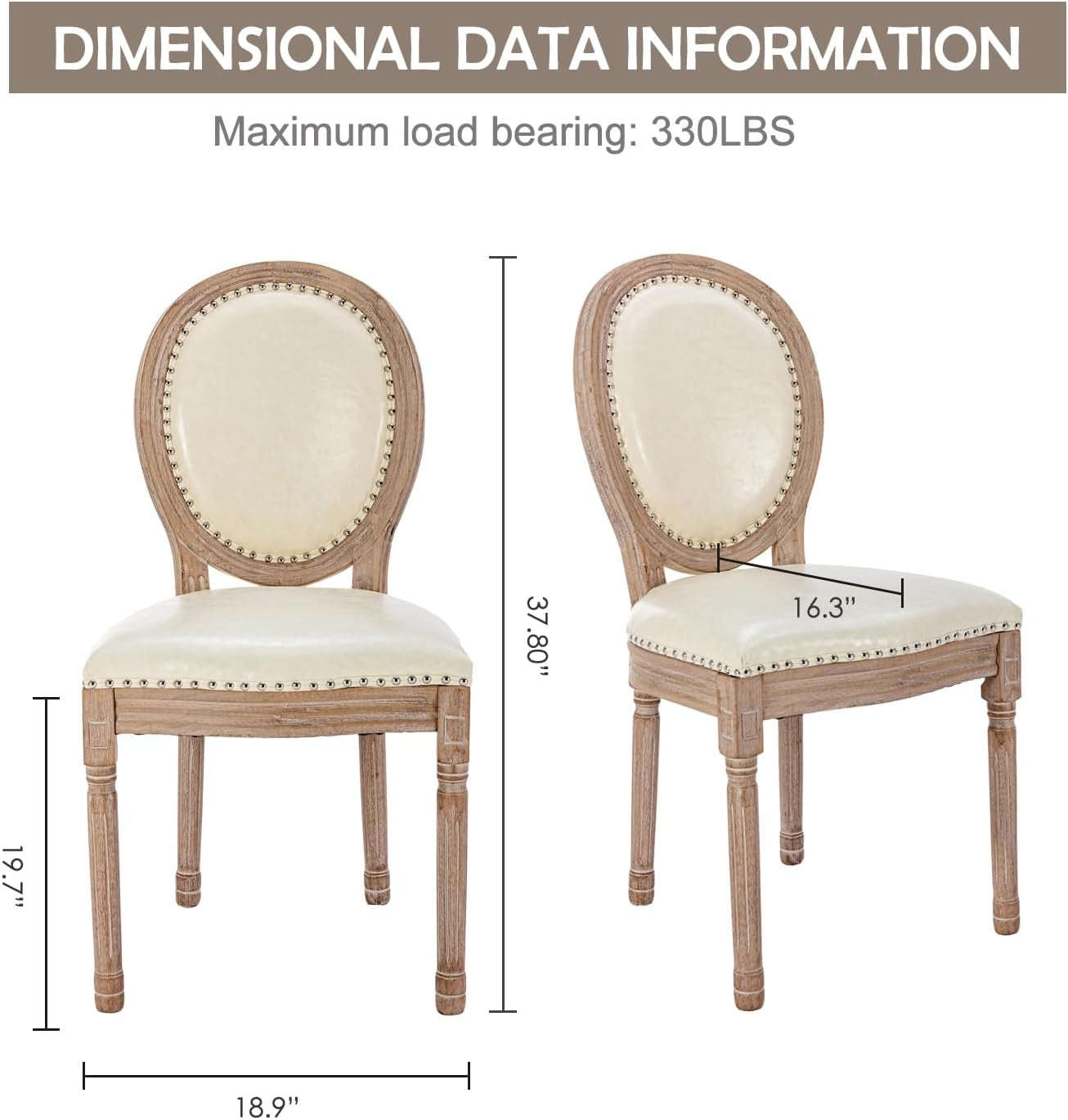 Two beige upholstered chairs with dimensions and maximum load bearing capacity displayed.