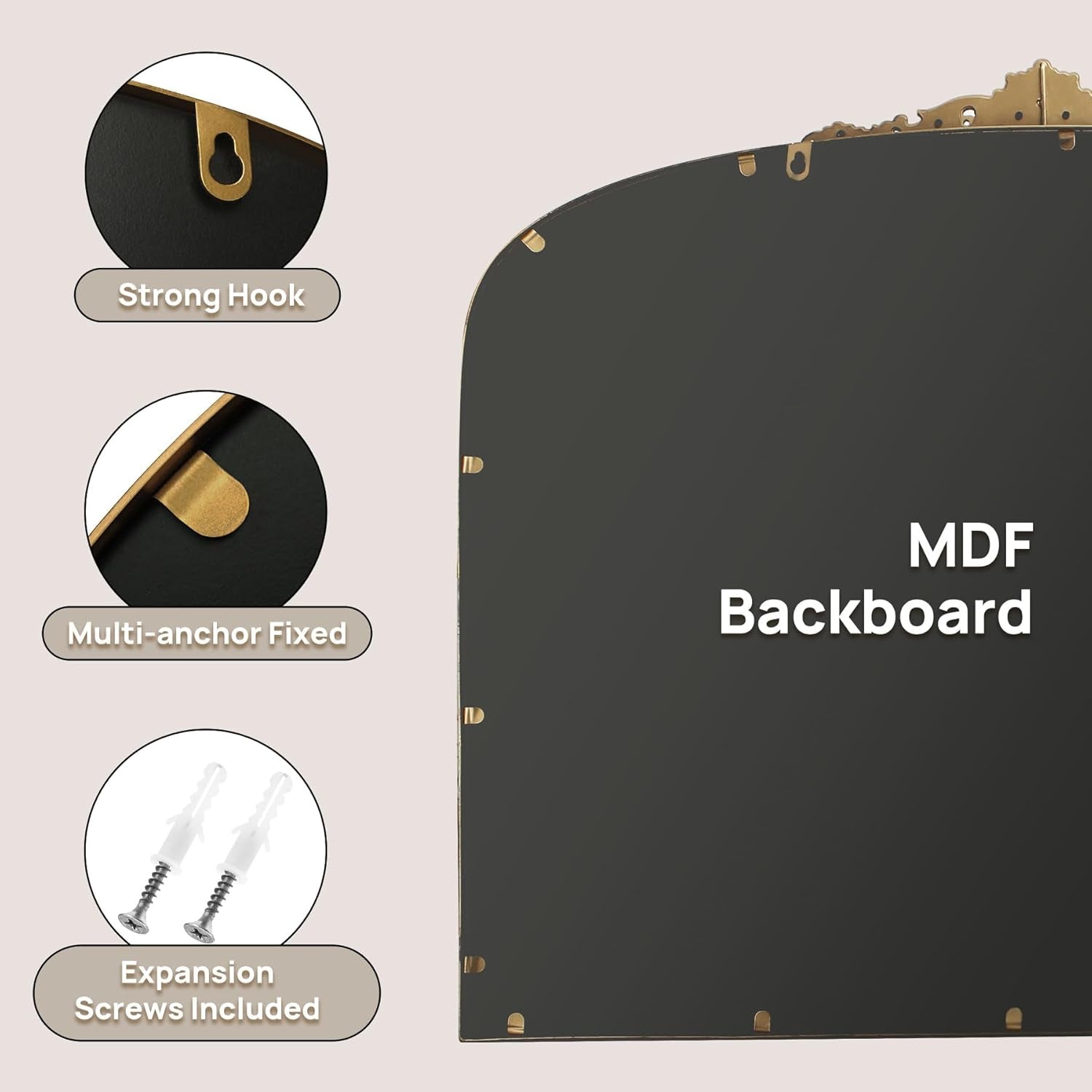 MDF backboard with strong hook, multi-anchor fixed, and expansion screws included on a beige background.
