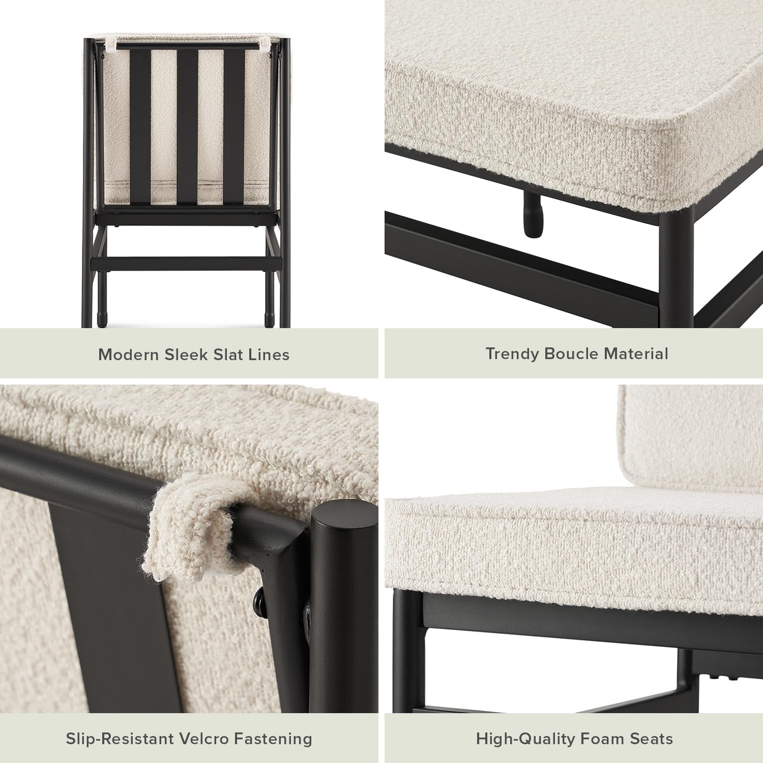 Collage of chair features including sleek slat lines, boucle material, slip-resistant velcro, and high-quality foam seats.