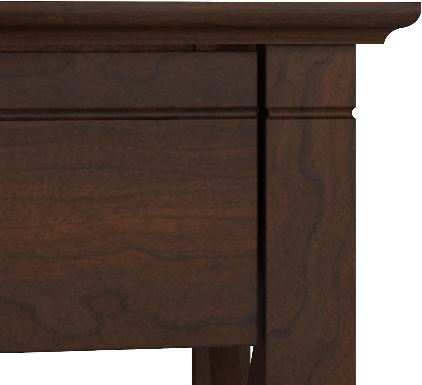 Close-up of a wooden drawer with a rich brown finish on a white background
