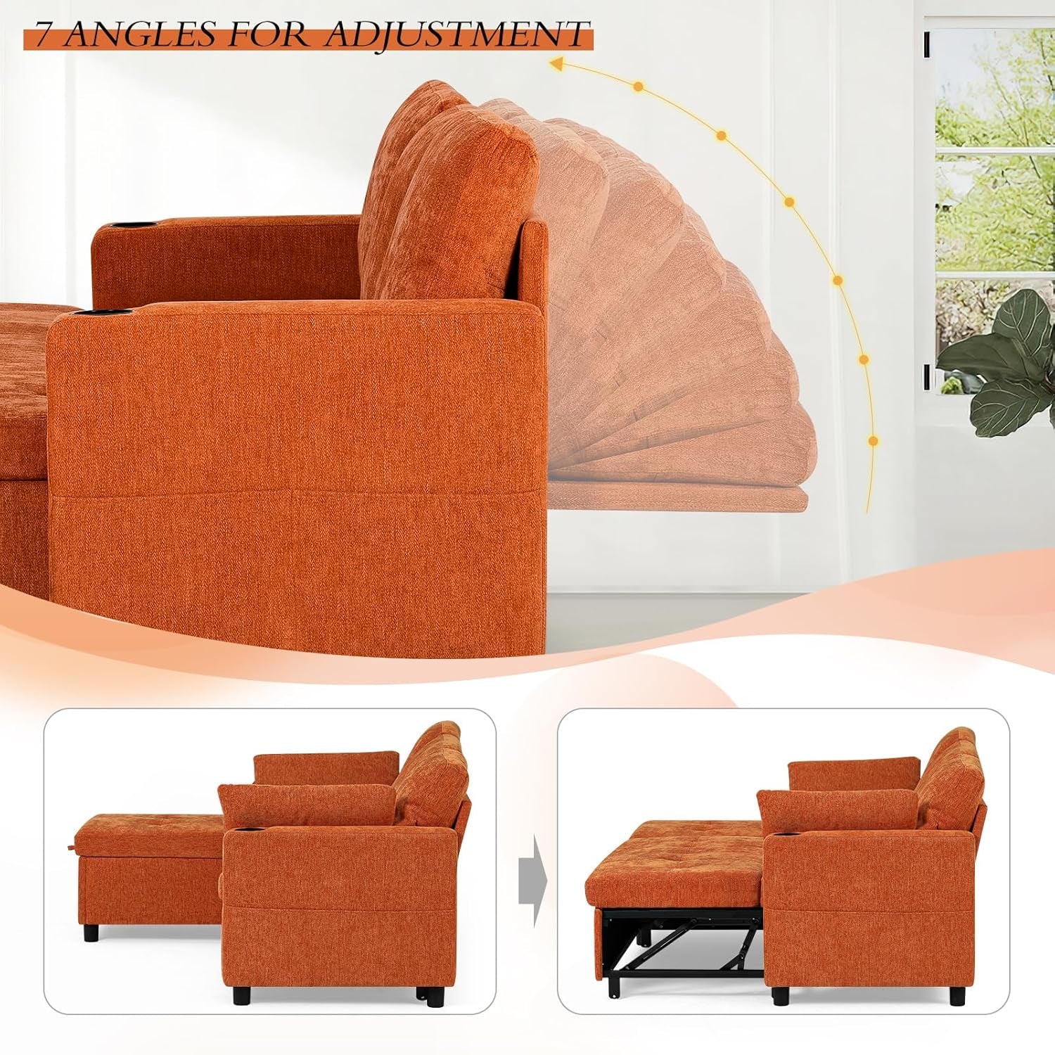 84Inches BrightOrange Chenille Pullout Sofa Bed USBPort-3