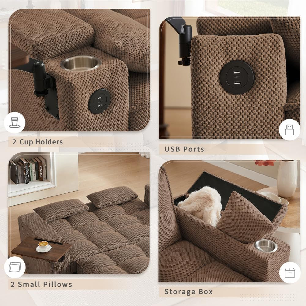 Brown recliner sofa with cup holders, USB ports, small pillows, and a storage box.