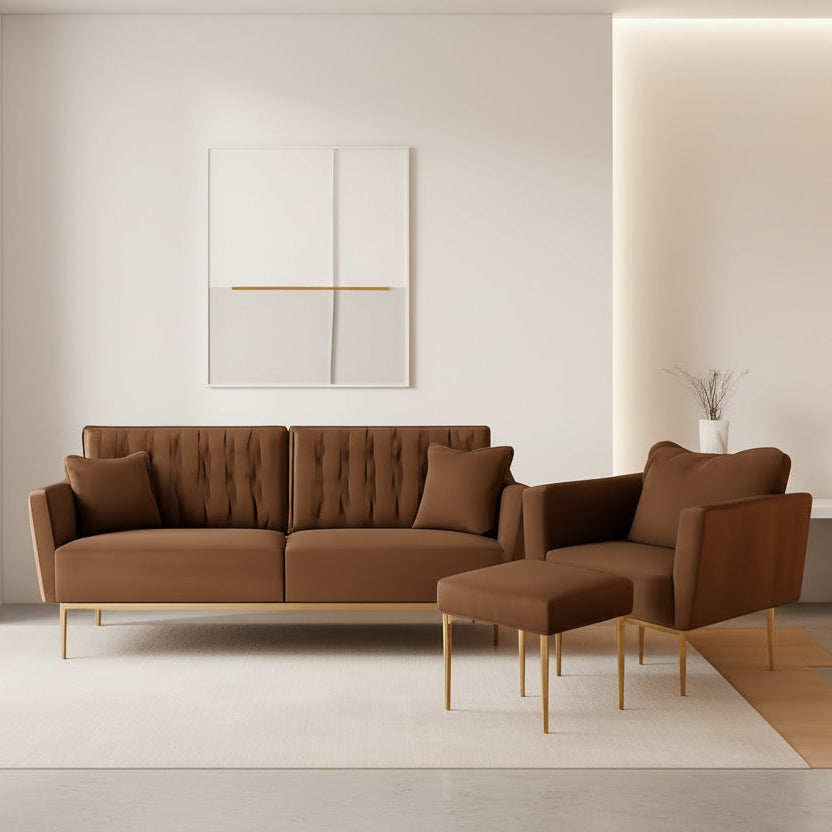 Brown sofa and ottoman in a living room with warm lighting