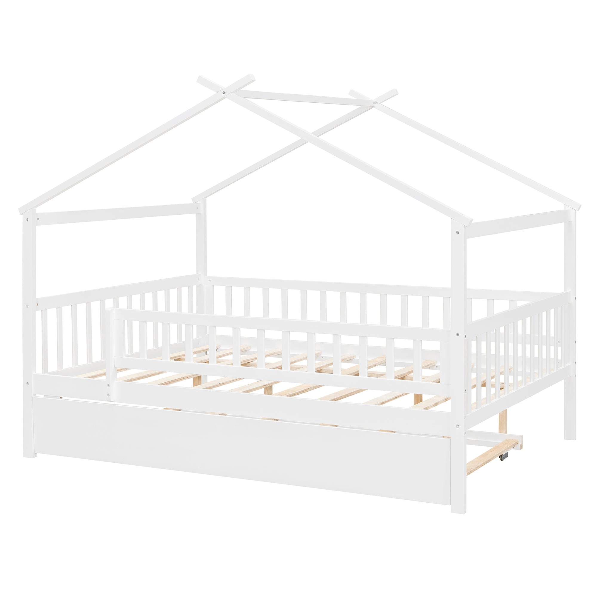 Full Size Wooden House Bed with Twin Size Trundle