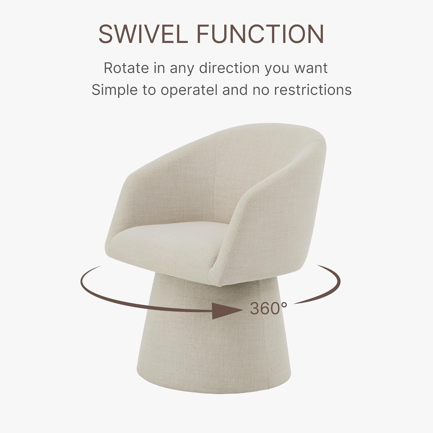 Beige swivel chair with text explaining its swivel function on a white background