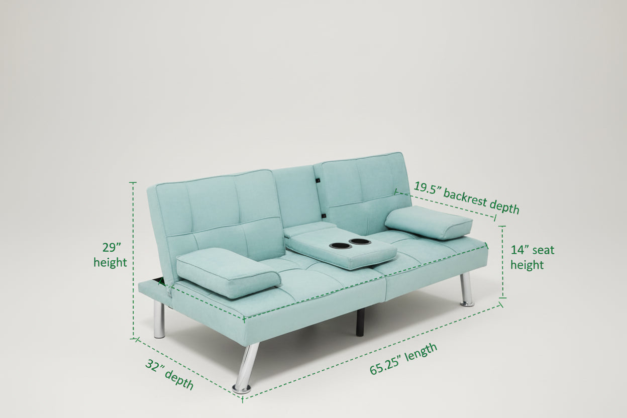 Linen Folding Futon Sofa Bed Aqua With Removable Armrests-1