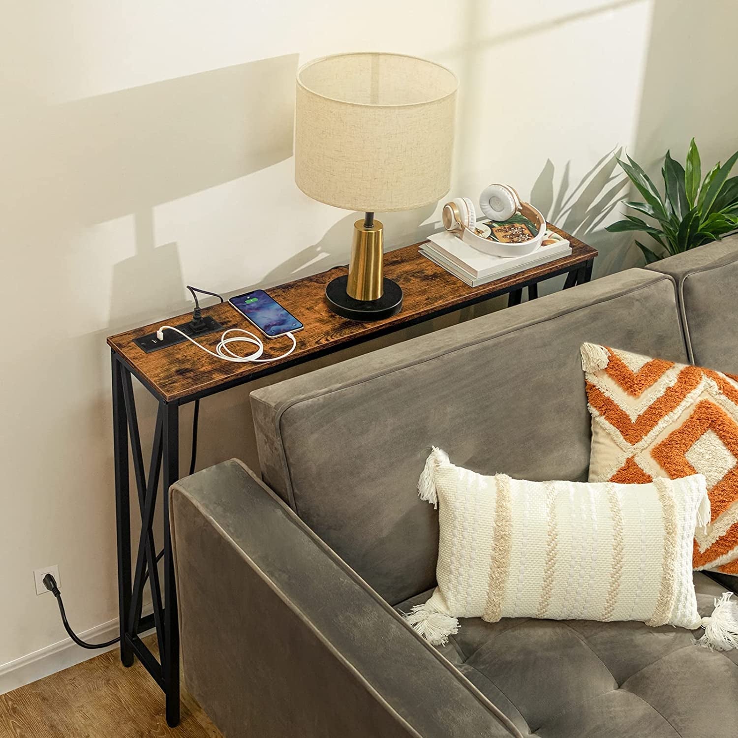 Rustic Brown Sofa Table With Power Outlet And USB Ports