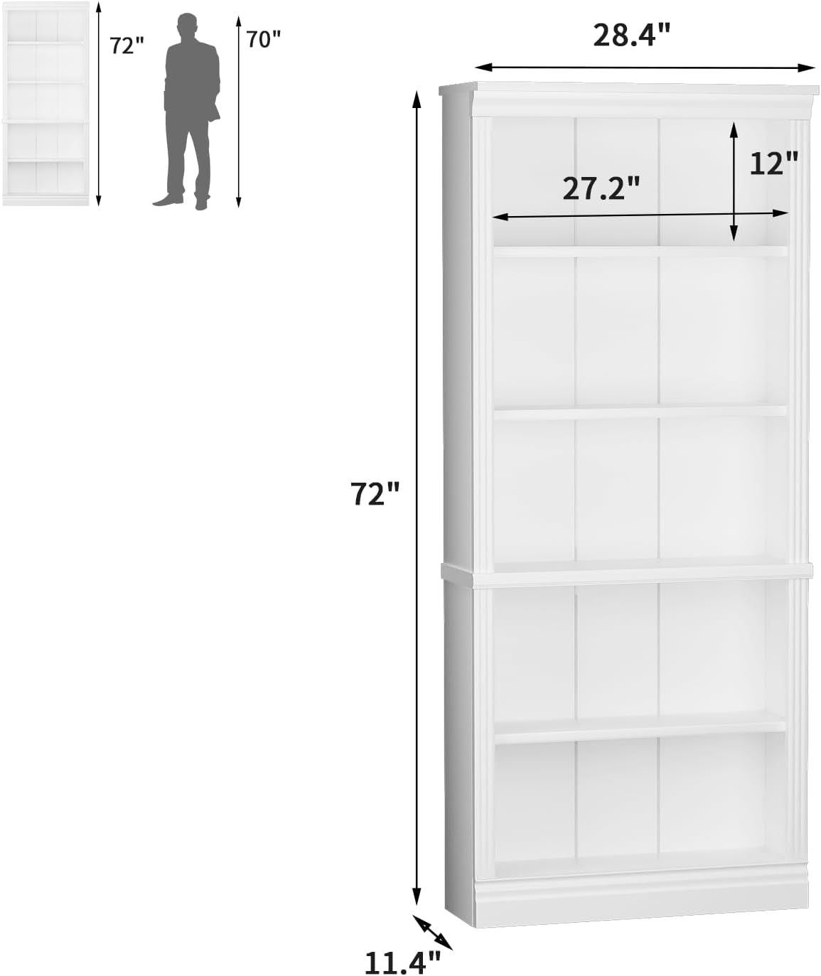 White bookshelf with dimensions labeled on a white background