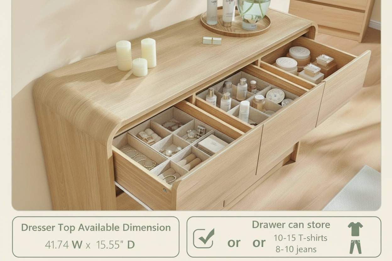 Wooden dresser with open drawers displaying various items, labeled 'Ample Storage Space'.