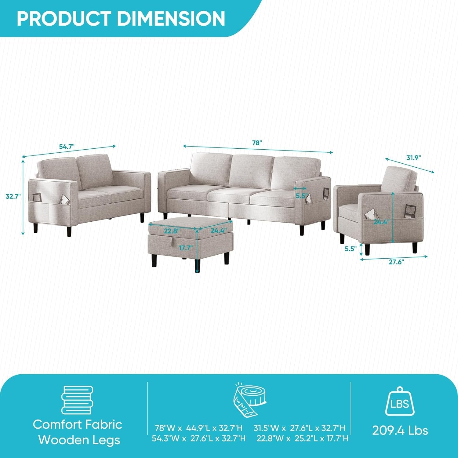 Beige 6 Seater Sectional Sofa With Movable Ottoman-1