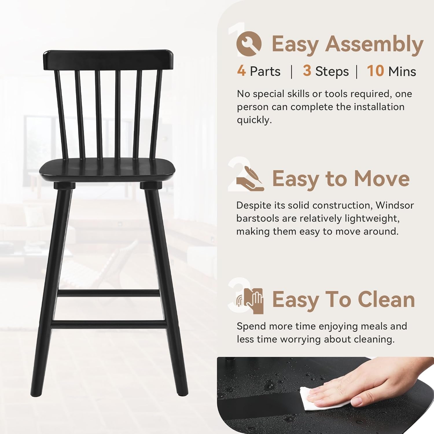 Black bar stool with assembly, movement, and cleaning features on a white background