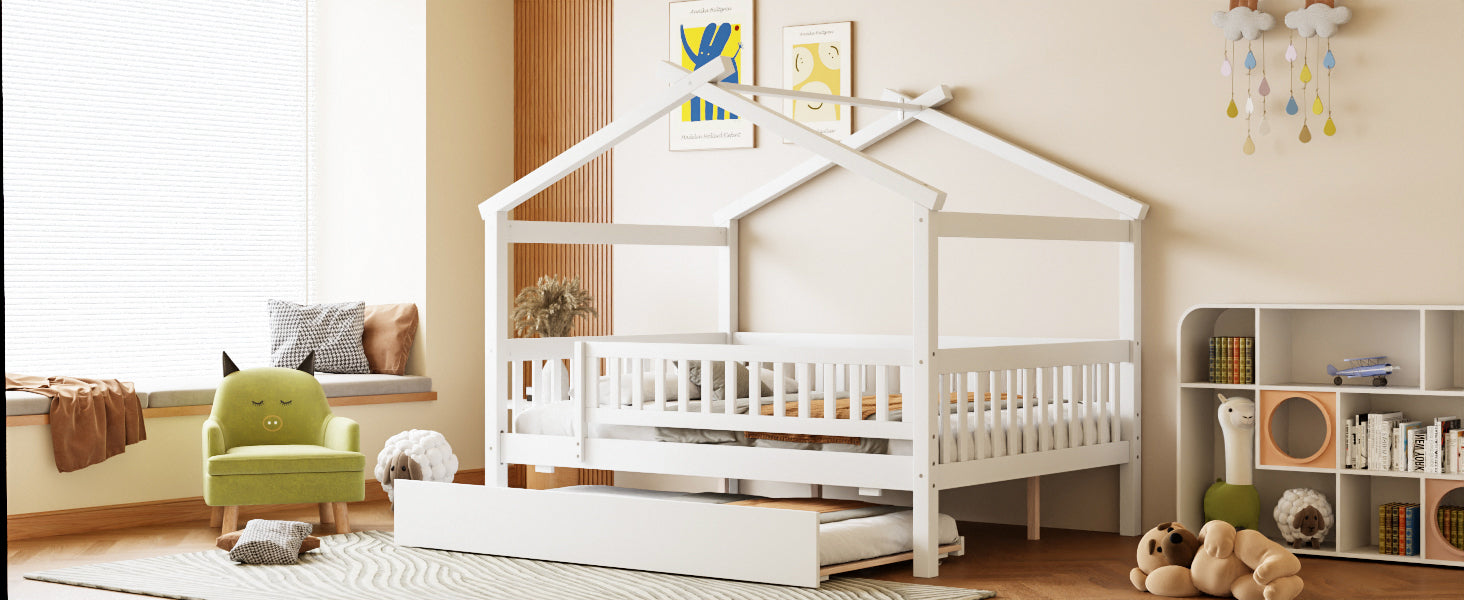 Full Size Wooden House Bed with Twin Size Trundle
