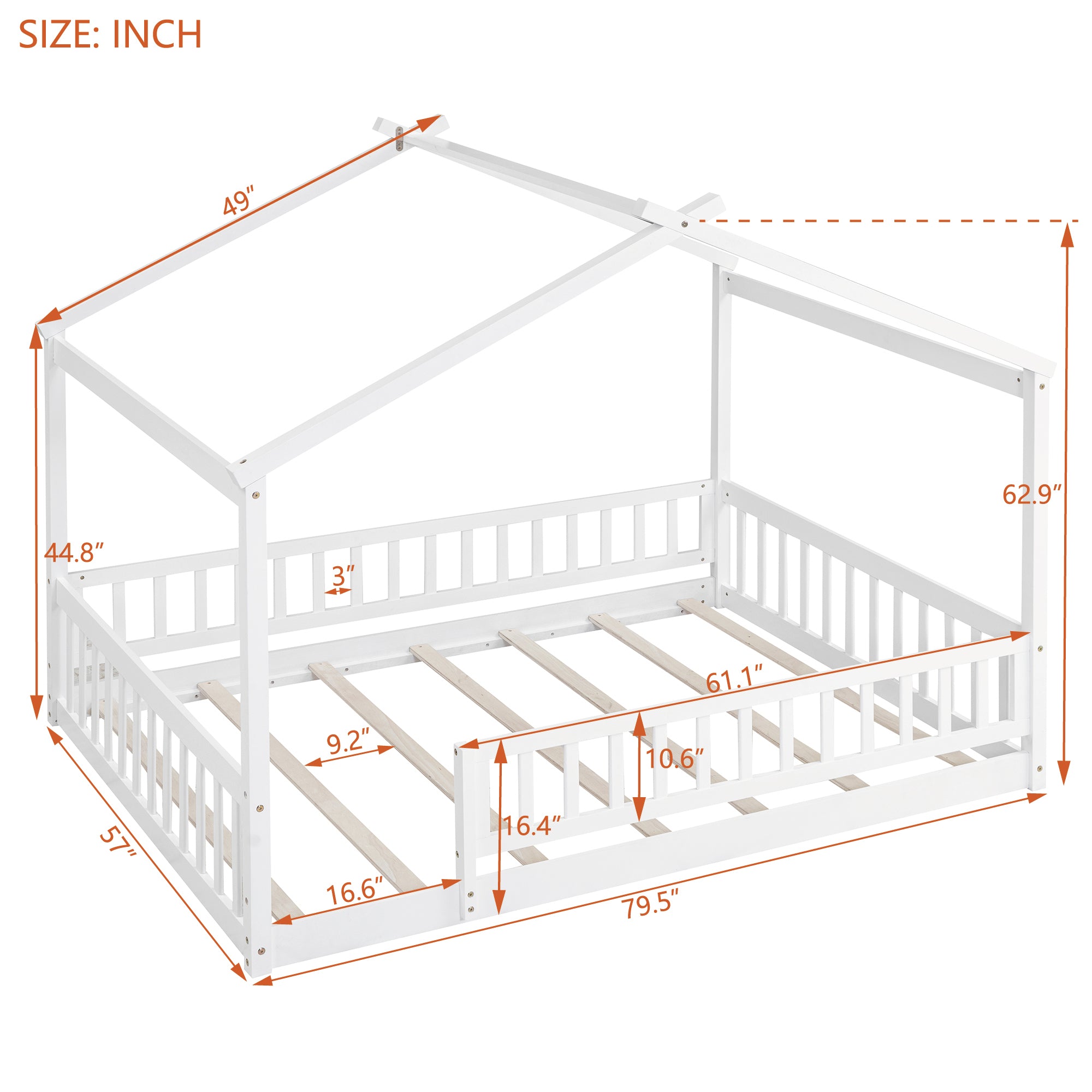 Wood Bed House Bed Frame with Fence, for Kids, Teens, Girls, Boys