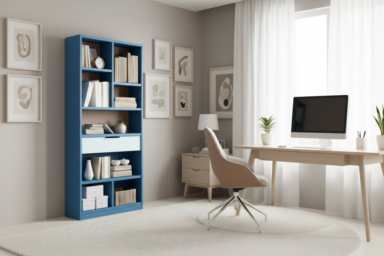 Blue bookshelf with books and decor items against a beige wall.