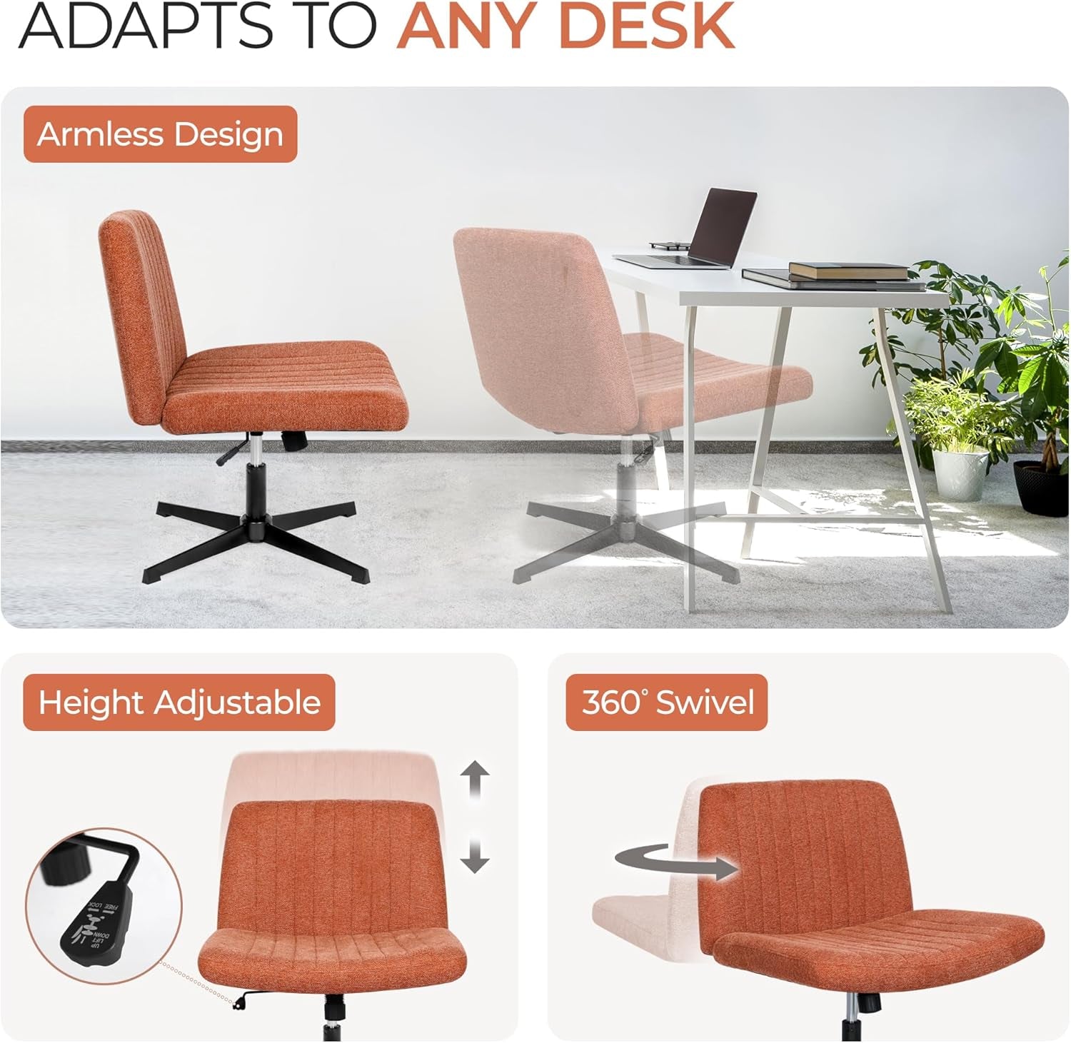 Orange office chair with armless design, height adjustment, and swivel features in a home office setting.