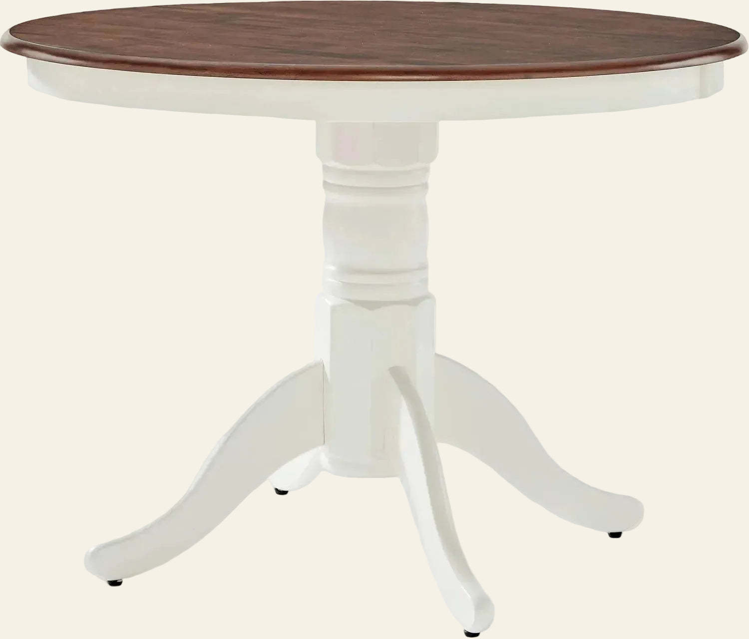 Round dining table with wooden top and white base on a white background