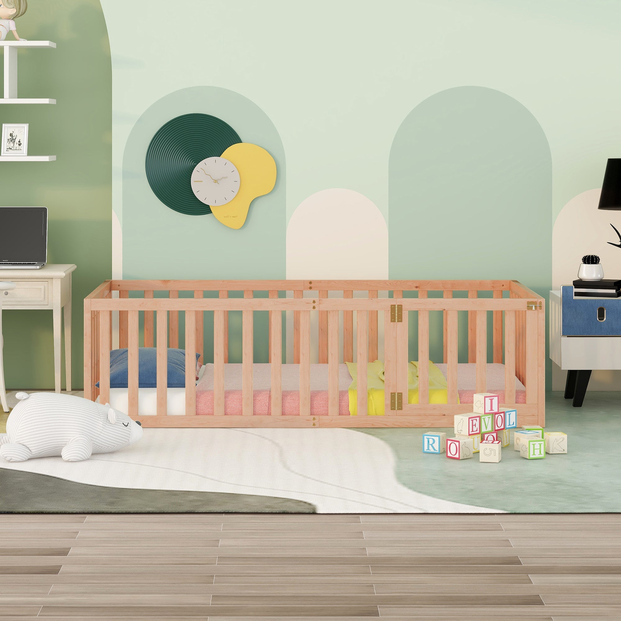 Twin Size Wood Floor Bed Frame with Fence and Door