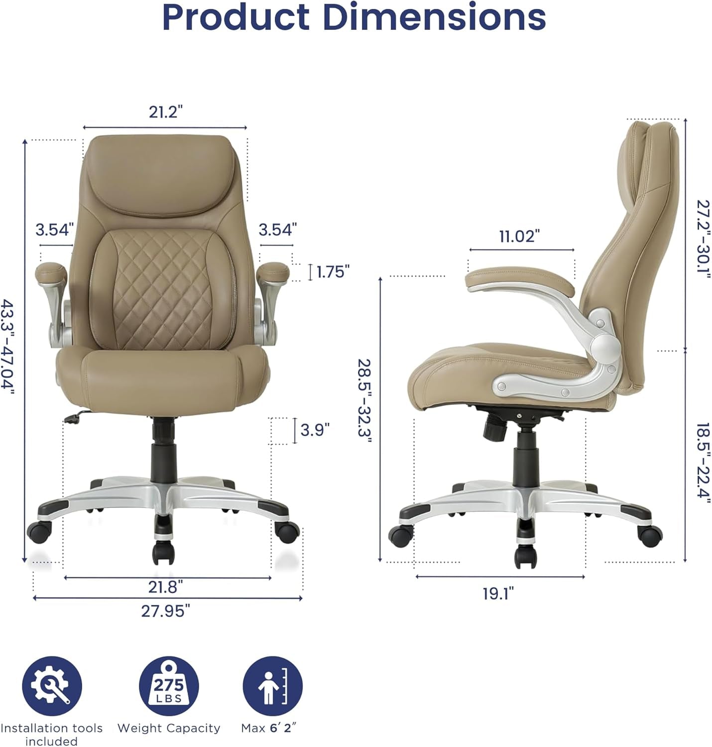 Beige office chair with dimensions on a white background