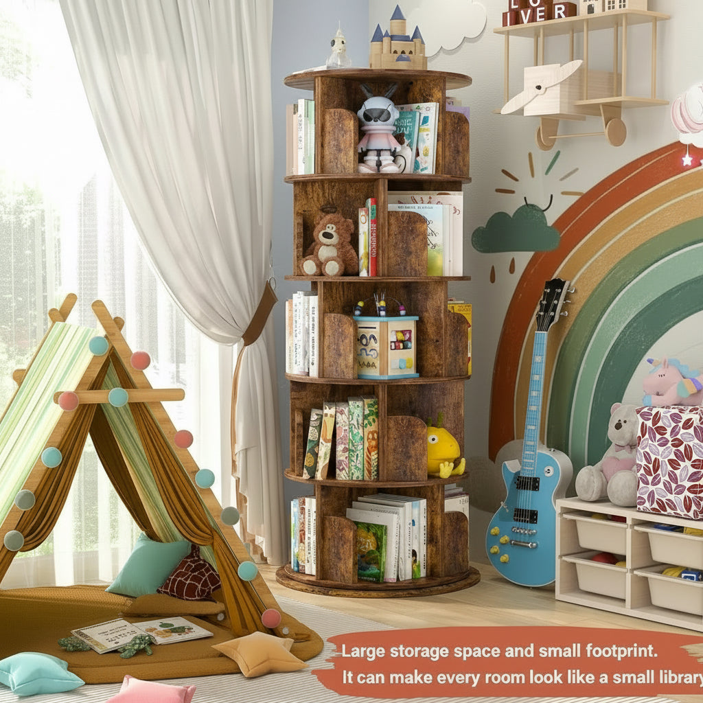 wooden bookshelf, colorful wall, and toys.
