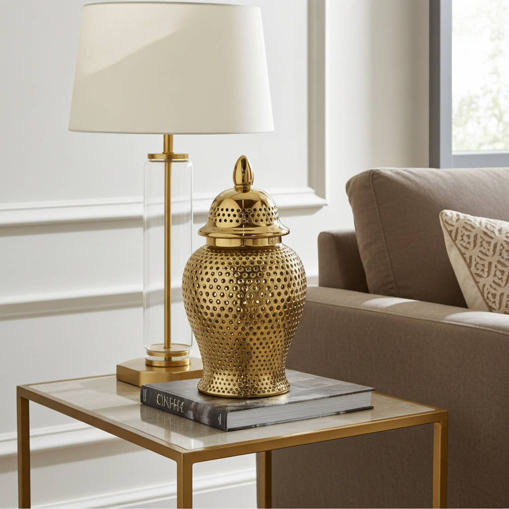 Plutus Brands Ceramic Jar, Gold Porcelain-3