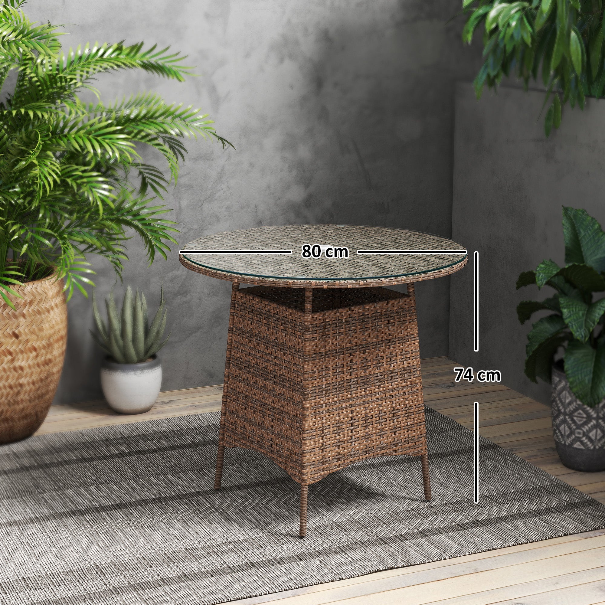 Wicker Garden Rattan Table, Patio Furniture Outdoor Coffee Table with Umbrella Hole and Tempered Glass Top, Brown-2