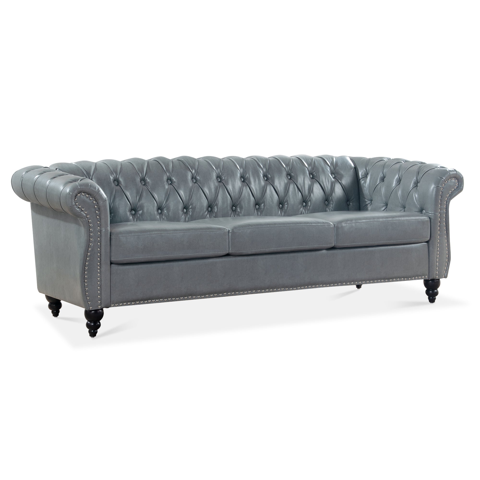 Gray tufted sofa on a white background