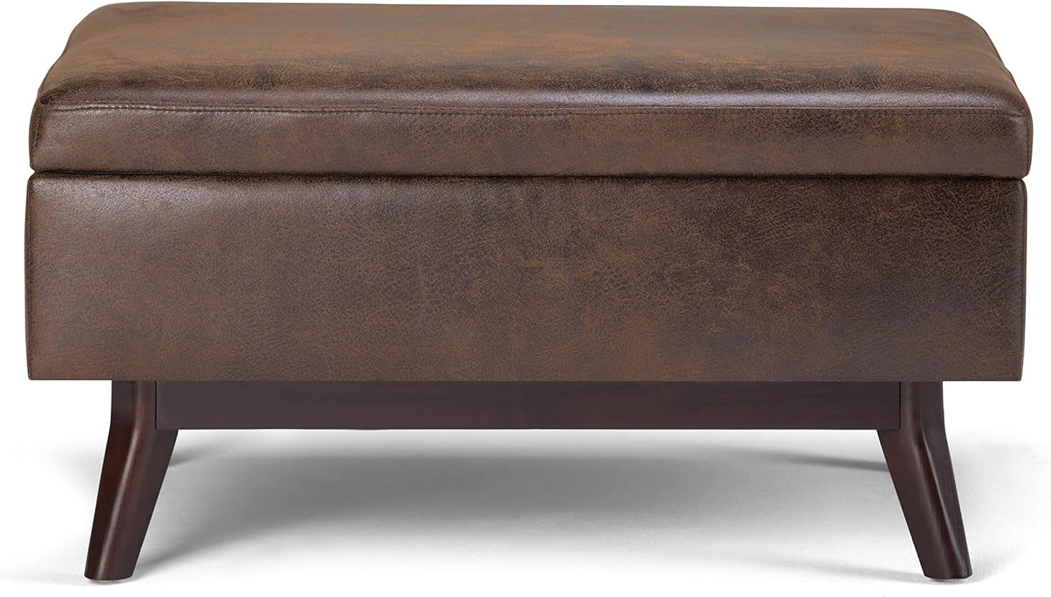 Brown leather ottoman with wooden legs on a white background