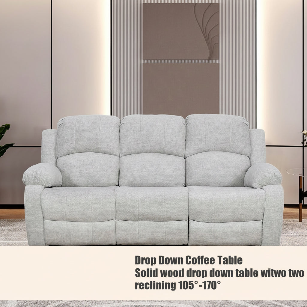Gray sofa with drop-down coffee table feature, including text description.
