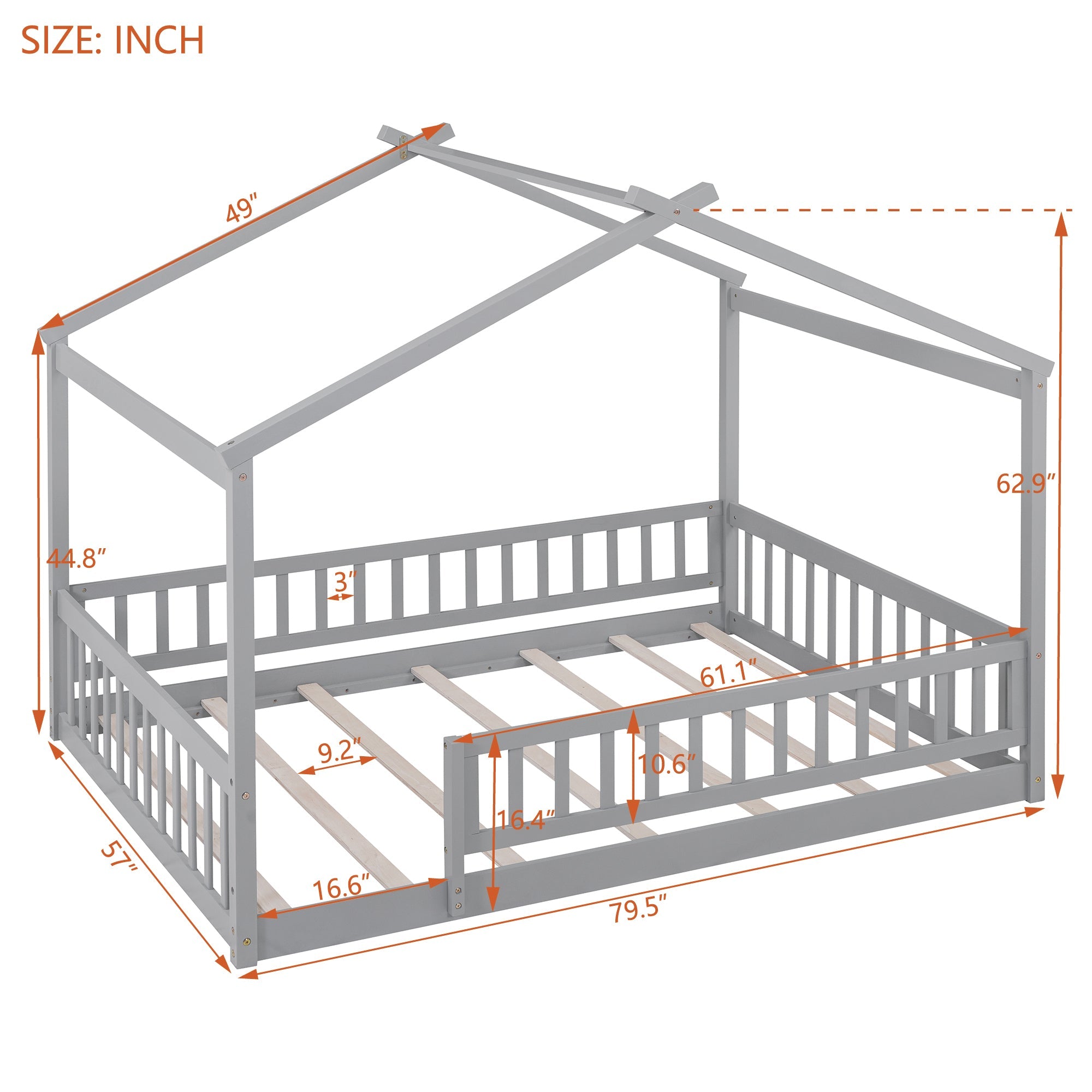 Wood Bed House Bed Frame with Fence, for Kids, Teens, Girls, Boys