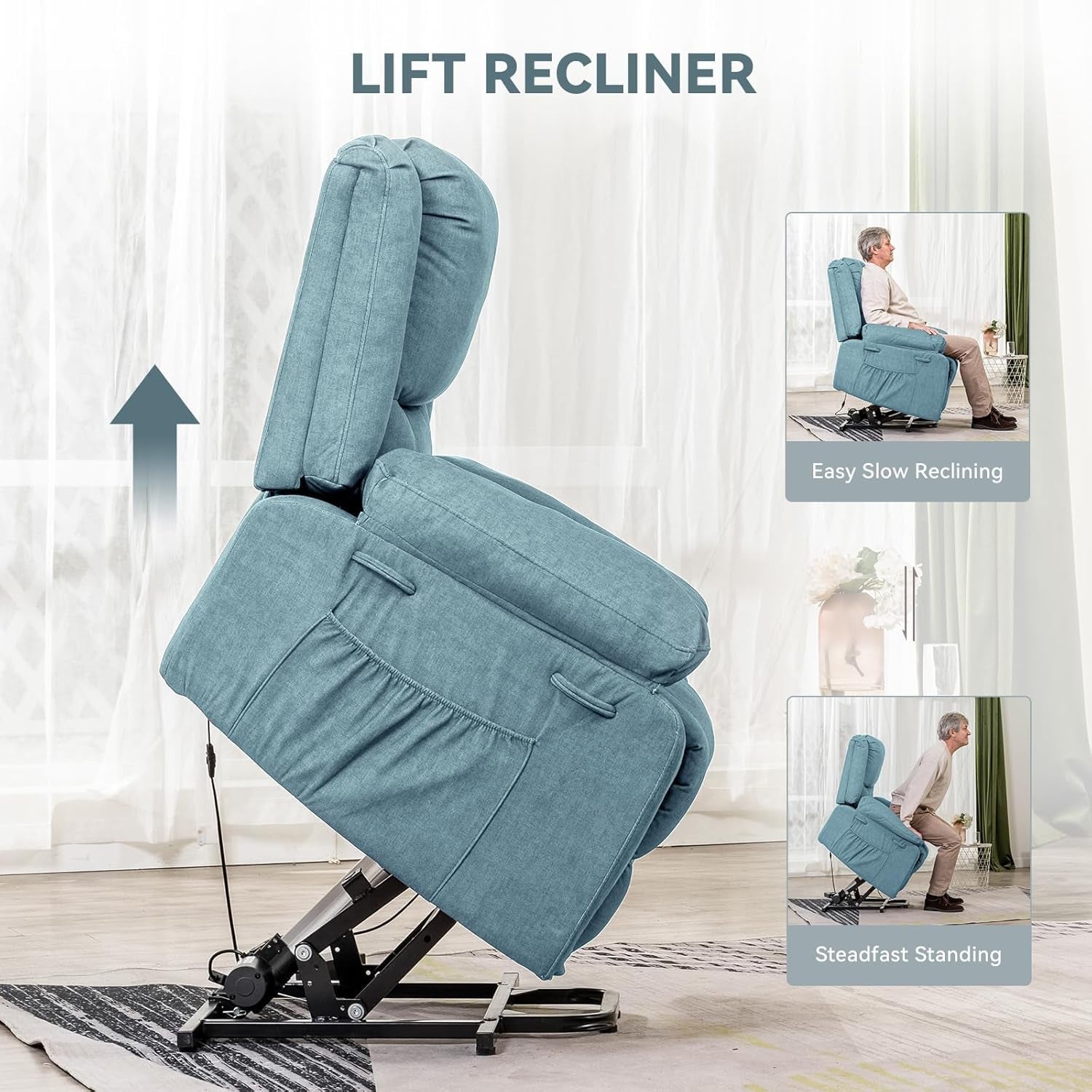 Electric Power Lift Chairs Recliners for Elderly,Recliner Chair with Massage and Heat,2 Side Pockets, Fabric(Blue)-3