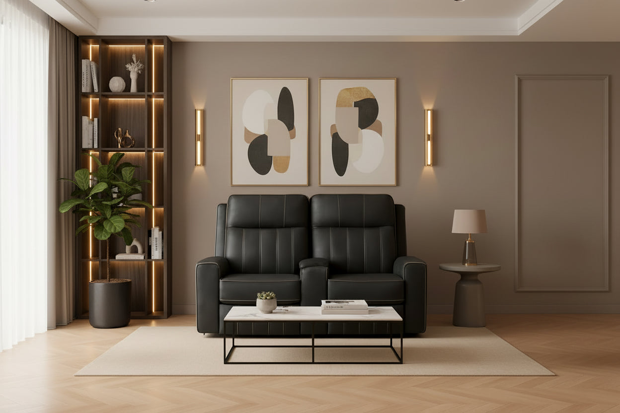 Modern living room with black leather sofa, abstract art, and decorative elements.