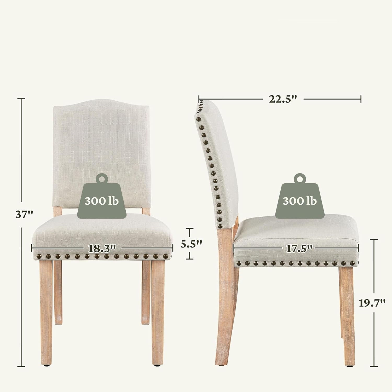 Two upholstered chairs with dimensions and weight capacity label on a white background